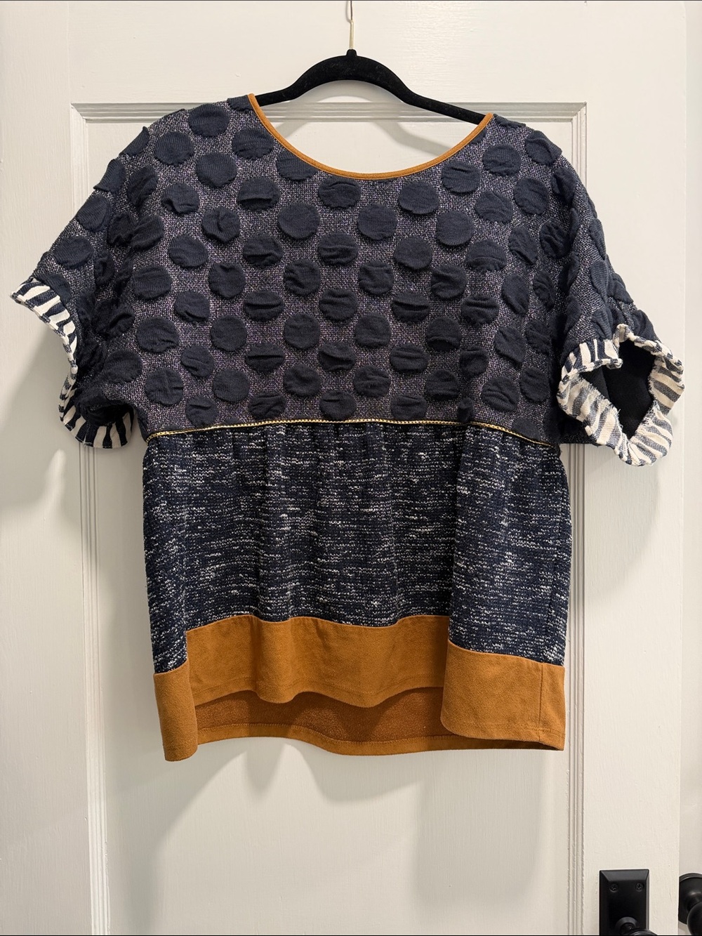 THML Navy Top with Mustard Trim and Textured Dot Bodice